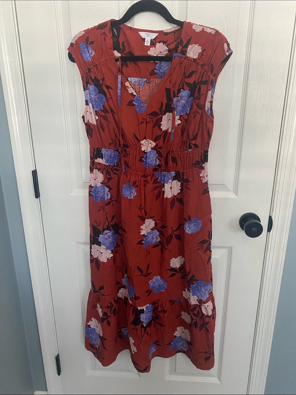 NWOT Floral V-Neck Midi Dress in Rust with Blue & Pink Blooms